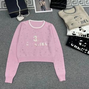 Kvinnors o-hals långärmad rhinestone lappad frottébrev broderi stickad tröja toppar jumpers smlxl