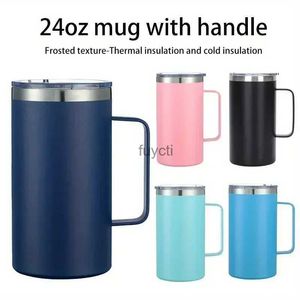 Muggar stort handtag 24 oz kaffe mugga rostfritt stål återanvändbart resemugg vakuumisolerad camping isolerad pulverbelagd mugg med lock yq240109