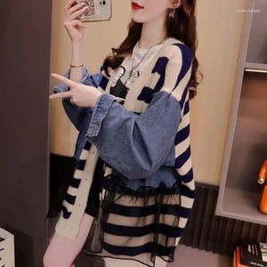 Women's Knits #4034 Denim Batwing Sleeve Cardigan Coat Women Single Breasted Vintage Striped Knitwear Sweater Ladies Split Joint