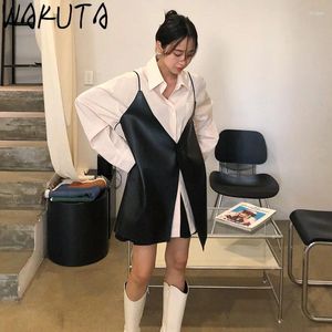 Work Dresses WAKUTA Stylish Solid Shirt And PU Camis 2 Piece Set Women Korean Fashion Blouses Single Button Leather Irregular Vest Outfits
