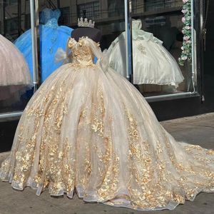 Klänningar guld quinceanera klänningar applikationer långt tåg blomma söt 15 16 år födelsedagsfest prom klänning pageant miss gala anpassad tillverkning