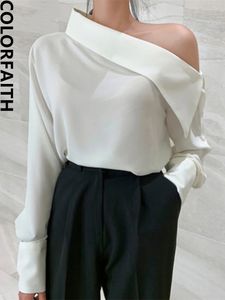 Colorfaith Elegant Office Korean Style Lady One Shoulder Sexy Wild Women Spring Summer Cold Blouses Shirts Tops BL8179 240109