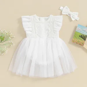 Zestawy odzieży Baby Girls Romper Dress Letter Drukuj rękawy Patchwork Bodysuit i opaska na głowę niemowlę letnie ubrania