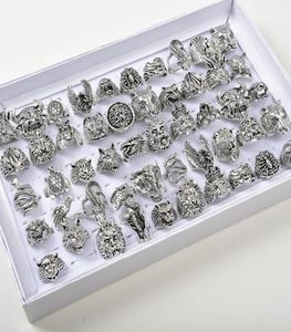 Whole 50pcsLots Vintage Punk Animal Mix Owl Tiger Dragon Eagle Etc Style Antique Silver Personality Jewelry Rings For Men Wom3988587