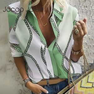 JOCOO JOLEE WOMEN CARICO BLOUSE LENG SLEEVE CHAIN Tシャツプリントオフィスターンダウンカラーティーエレガントワーク特大トップスチュニック240109