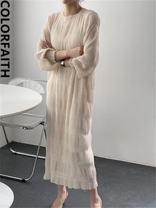 ColorFaith DR2413 Vintage Elegant High midja veckad chiffong fashionabla koreanska lady kvinnor vår sommarlånga klänningar 240108