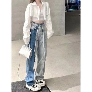 Jeans Two Color Patchwork Wool Whisker Wash Denim Trousers Fashion Brand Personality Straight Loose Women Long Jeans Belt Lace Up 2xl