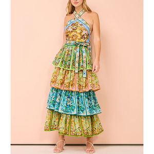 1.9 Temperamento con stampa floreale in lino di lino per le vacanze Abito da donna con volant a cascata senza schienale con scollo all'americana sexy