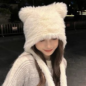 Halloween zima Plush Cute Cat Ear Beanie Fluffy Pullover Hats Korean Protection Pasp Kotek z Earflap 240108
