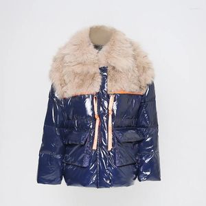 Piumino da donna blu con colletto grande, cappotto in anatra, abbigliamento caldo, alla moda