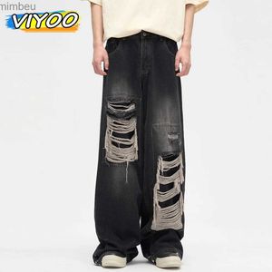 Mäns jeans män rippade svarta jeans harajuku breda benbyxor denim baggy y2k lastbyxor streetwear koean stil kläder gothicl240109