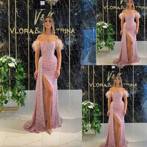 Kleider Luxus Meerjungfrau Lange Ballkleider 2023 Rosa Gold African Black Girl Lange Feder Sparkly Pailletten Spitze Designer Party Abendkleid m