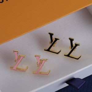 With BOX Fashion Desinger Earrings 18K Gold Plated Luxury Stud Pink Black Letter Earring for Women Titanium Stainless Steel Wedding Jewelry Gift