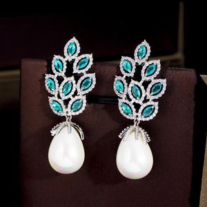 Jewelry Cwwzircons Light Blue Cubic Zirconia Crystal Leaf Shape Dangle Big Long Pearl Drop Women Party Wedding Earring Accessories Cz468