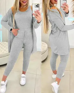 Pantaloni a due pezzi da donna Abiti eleganti autunnali Abito da donna 2024 Moda Versatile Casual Girocollo Canotta con coulisse Set con cappotto