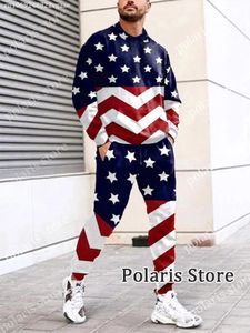 American Flag Tracksuit Men USA PANTS 2 قطعة زي طويلة الأكمام T Shirt مجموعة بنطلون سروال سروال للركض بدلات كبيرة الحجم 240108