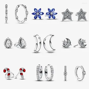 Hoop Earrings 925 Silver Sparkling Blue Herbarium Cluster Stud For Women Wear Moon & Star Jewelry