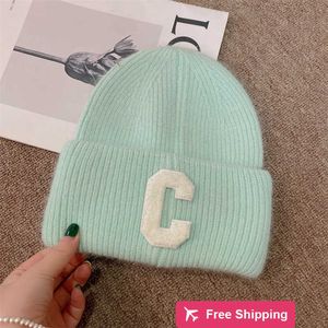 Designer Ball Caps Autumn and winter hat female Angora rabbit hair double fold knitted wool hat Korean letter C cold winter warm hat XEQI