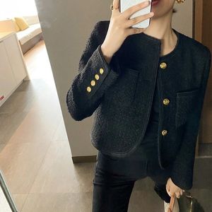 Autumn Black Tweed Coat Women Korean Elegant Oneck Slim Fit Tops Y2K Grunge Long Sleeve Jackets Mujer 240109