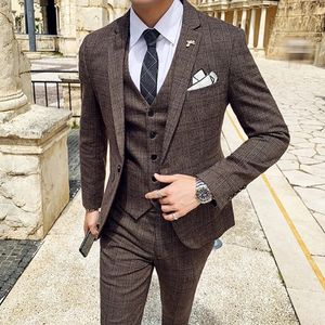 Mens Suit Jacket Vest Pants Fashion Boutique Plaid Casual Business Man Groom Wedding Tuxedo Dress 3 Pieces Set Blazers Coat 240108