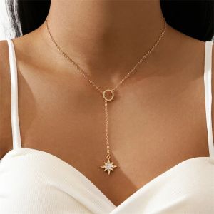 Simple Crystal Eight Pointed Star Charm 14K Gold Necklace Delicate Clavicle Chain Zircon For Women Fashion Jewelry Wholesale