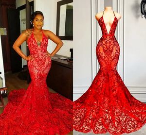 Sexy Halter Red Trumpet Prom Dresses Glitter Sequined Lace Arabic Aso Ebi Elegant Evening Gowns Long Mermaid Women Second Reception Party Dress Formal Wear CL1949