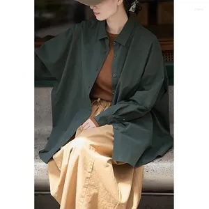 Women's Blouses Autumn Style Earth Gray Green Long Staple Cotton Double Layered Woven Lapel Open Front Shirts C3391