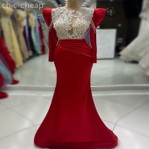 2024 ASO EBI RED MERMAID PROMドレスクリスタルビーズサテンイブニングパーティー2番目のレセプションバースデーエンゲージメントガウン