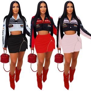 2024 Designer Spring Skirt Sets Women Long Sleeve Baseball Jacket and Zipper Mini Two Piece Casual Printing Outfits Wholesale Clothes 10530