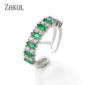 Cluster Rings Zakol Brand New Fashion White Green Geometry Rectangle Cubic Zirconia Open Rings for Women Party Jewelry Birthday Present RP5090 YQ240109