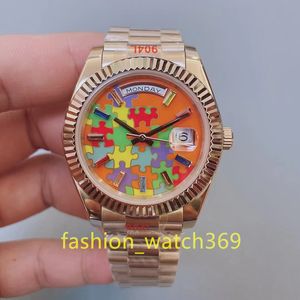 Montre de mode pour homme et femme - Montre de créateur - 40 mm - Cadran bloc de couleur - Mouvement automatique - Bracelet présidentiel - Montre en verre avec pierres précieuses colorées