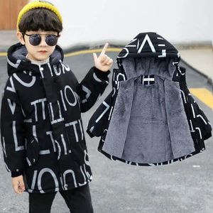 Inverno grosso quente meninos jaquetas casacos moda carta impressão algodão para baixo jaqueta com capuz blusão outerwear para crianças roupas 240108