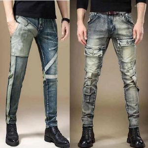 Jeans masculinos 2024 moda emenda cores angustiado clássico juventude homens fino ajuste elástico pequeno pé denim calças