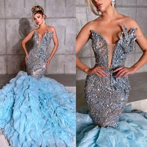 Exquisite More Pearls Beaded Evening Dresses Sequined Mermaid Party Prom Dress Sleeveless Formal Dress for Special Occasion