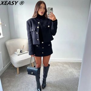 Xeasy Tweed Ceket Seti İki Parçalı Setler Kadın Etek Fall Womens Moda Siyah Single Breated Highwaisted Suit 240109