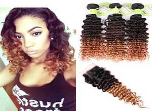 1B427 Ombre Weave 3 Bundles With 4x4 Lace Closure Deep Wave Brazilian Virgin Human Hair Brown Blonde Bundles With Closure5675270