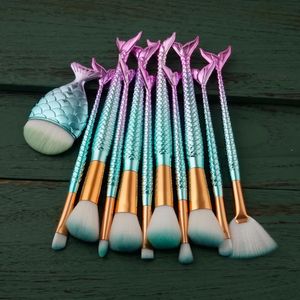 Fırçalar 11 PC/Set Denizkızı Balık Ölçeği Makyaj Fırçası Set Oval Temel Göz Farı Toz Güzellik Kozmetik Makyaj Fırçaları Pincel Maquiagem