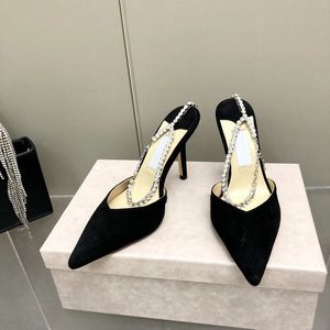 Sandálias de grife estofamento de cristal salto alto corrente de strass design de cetim tendência da moda sapatos de fada combinados sexy e voluptuosamente altos