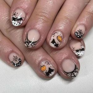 Unhas Falsas 24 Pcs Curto Cabeça Redonda Francês Falso Bonito Abóbora Bat Spider Web Padrão Full Stick em Brilhante para Mulheres