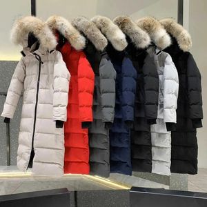 Parkas mulheres jaqueta canadense gansos designer de moda marca casacos longos grande bolso gola pele térmica topo feminino outono e inverno