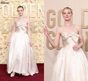 Elle Fanning 2024 Golden Globe Awards Vestidos de celebridades no tapete vermelho Marfim Cetim Elegante Mulheres Vestidos de noite formais Big Bow Strapless Brilhante Princesa vestido de baile CL3186