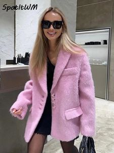 Kvinnor Mohair Woolen Plush Suit Coat Elegant Lång ärm Löst kvinnlig tjock sväng av krage Jacket Winter Chic Office Lady 240109