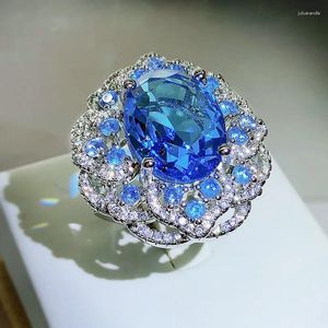 Anéis de cluster 925 prata esterlina safira anel de jóias para mulheres bandas de casamento anillos de origem azul gemstone fêmeas