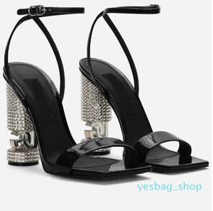Luxury Brial Wedding Polished Calfskin Sandals Shoes with Rhinestones High Heels Lady Pumps Black Patent Leather Perfect Gladiator Sandalias
