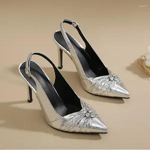 Kleidschuhe 2024 Design Metallic Crackle Silber Strass Damen Spitzschuh Hochzeit Elegante Party High Heel Sandalen