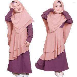 Etnik Giyim 2 PCS Müslüman Çocuk Kızları Kaftan Abaya İslami Elbise Hicab Eşarp Uzun Kollu Maksi Dua Burka Set Ramazan