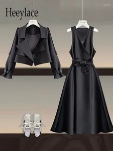 Vestidos de trabalho senhoras do escritório elegante preto dois conjuntos de peças para roupas femininas coreano entalhado decote em v casacos e roupas longas 4xl