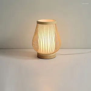 Bordslampor vintage bambu handgjorda trä skrivbordslampa för vardagsrum sovrum dekoration kreativ säng