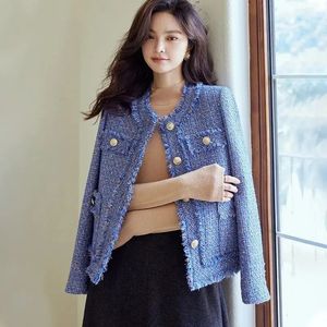 Tweed Coats Autumn Women Jacket Cropped Tops Short Coat High Quality Round Neck Buttons Blue Outerwear Clothes 240109