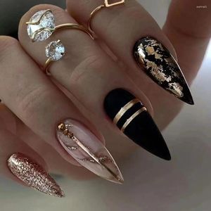 Fałszywe paznokcie 24pcs Glitter Gold Foil Black Black Press na fałszywych paznokciach dziewczyna noszona akrylowa końcówki manicure